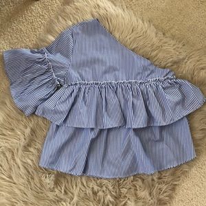 NWOT one shoulder blue pinstripe ruffle top